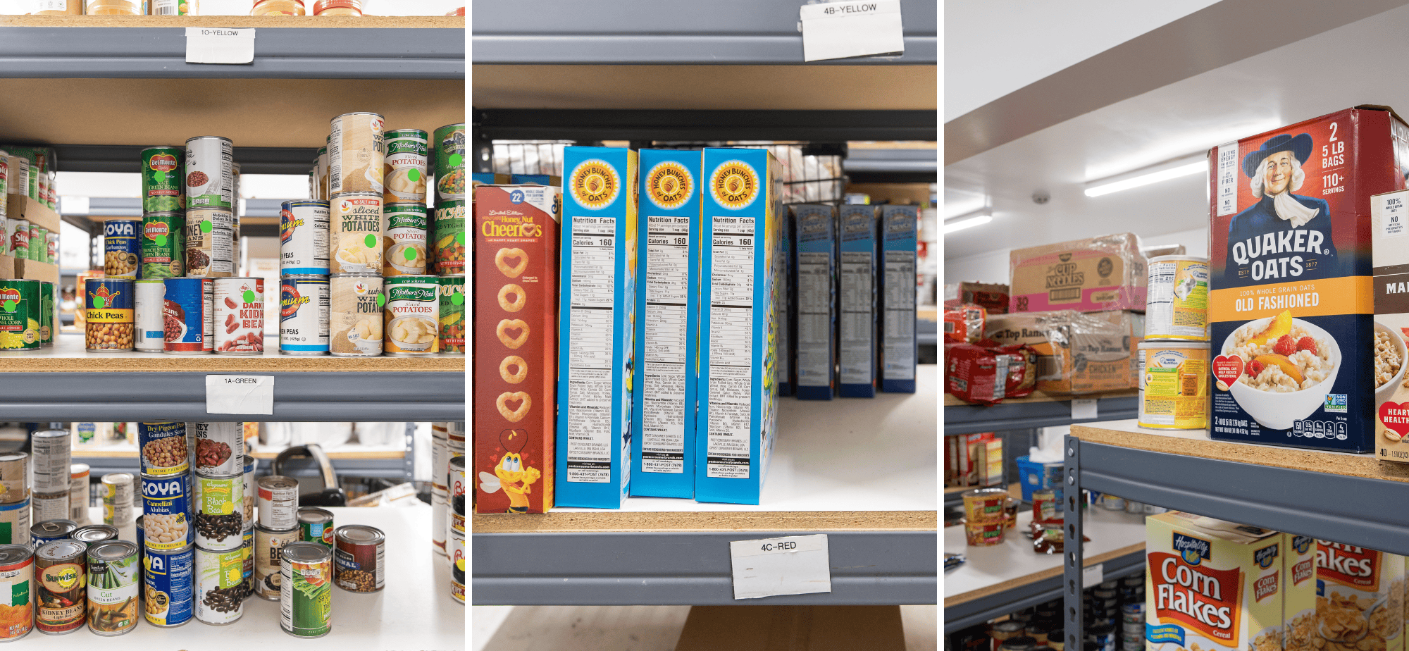 packaged foods sitting on metal food pantry shelves at choice food pantry